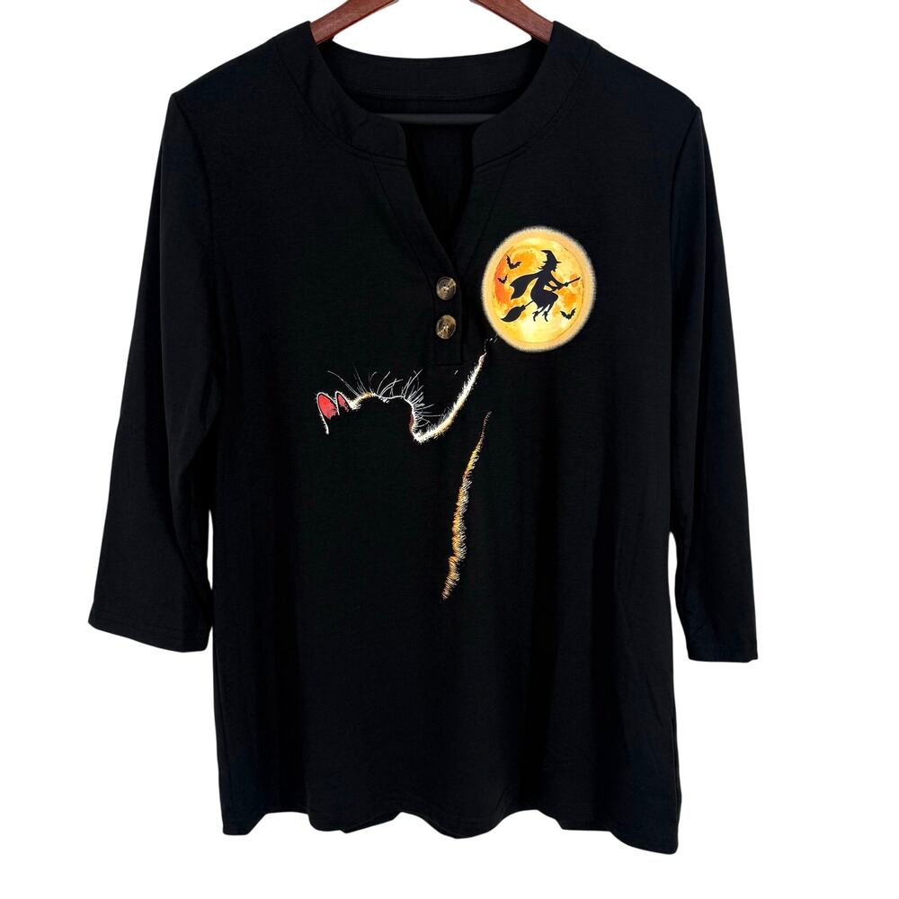 NEW NWT Womens Sz Large Halloween Witch Black Cat Holiday Blouse Shirt Top Artsy - Picture 2 of 7